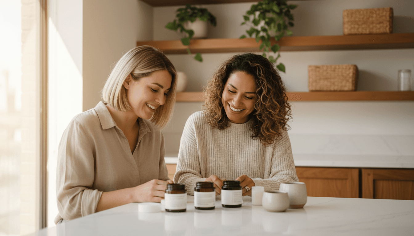 Beauty consultant and client reviewing product samples together in a bright natural-light setting